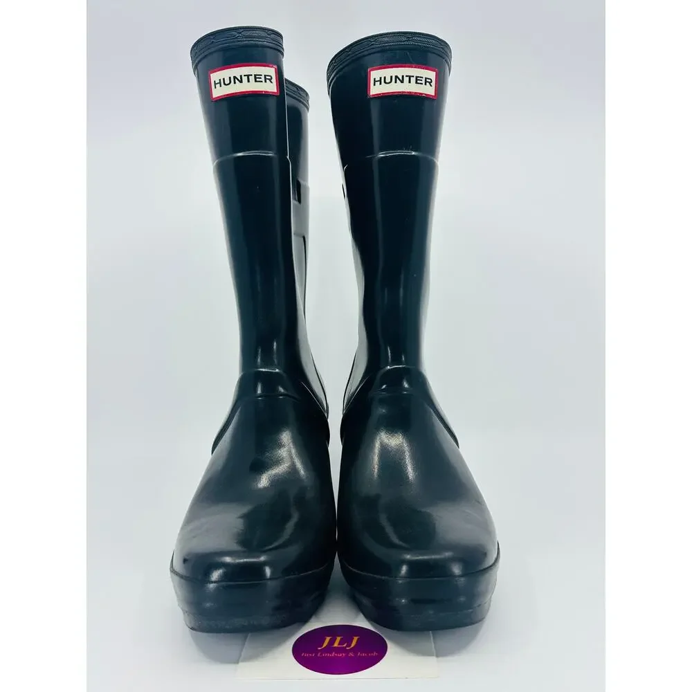 Hunter Women's Kellan Mid Black Glossy Rubber Wedge Rain Boots Size 8 SEE PHOTOS